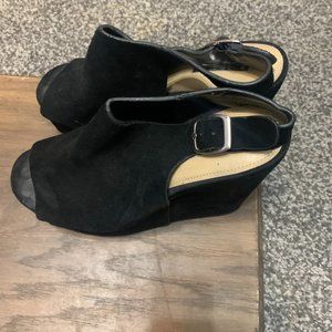 BCBG Black sling back suede wedge shoes